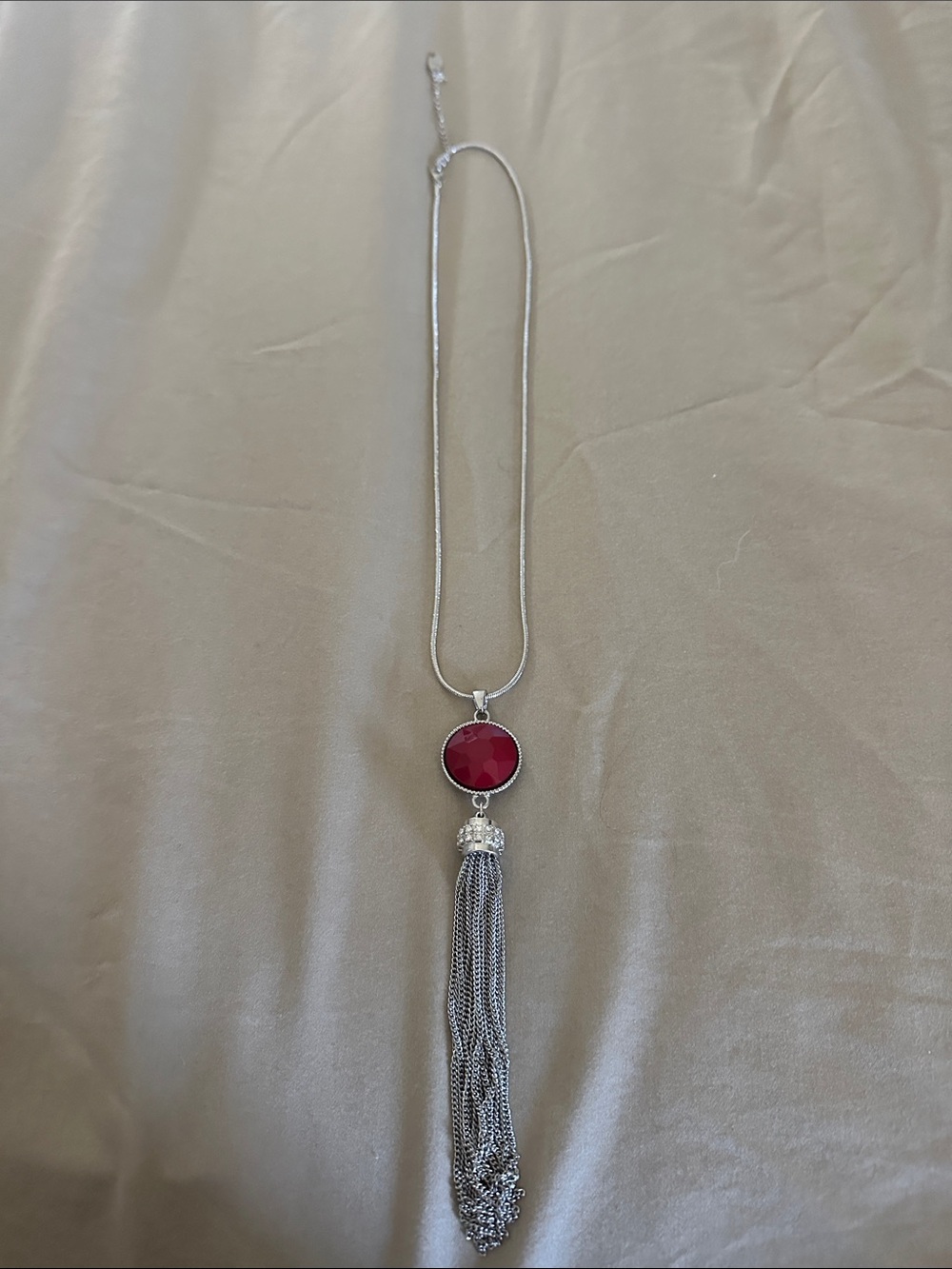 **BUNDLE 3 ITEMS FOR $10!!!  Silver Tassel Necklace with Red Stone Pendant